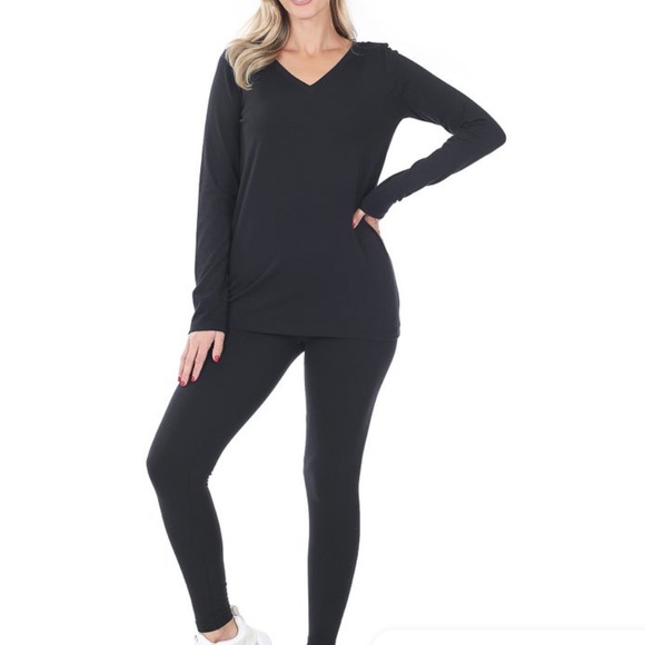 Zenana Outfitters Pants - 2 PC Zenana Long Sleeve Black V Neck Top & Leggings Set